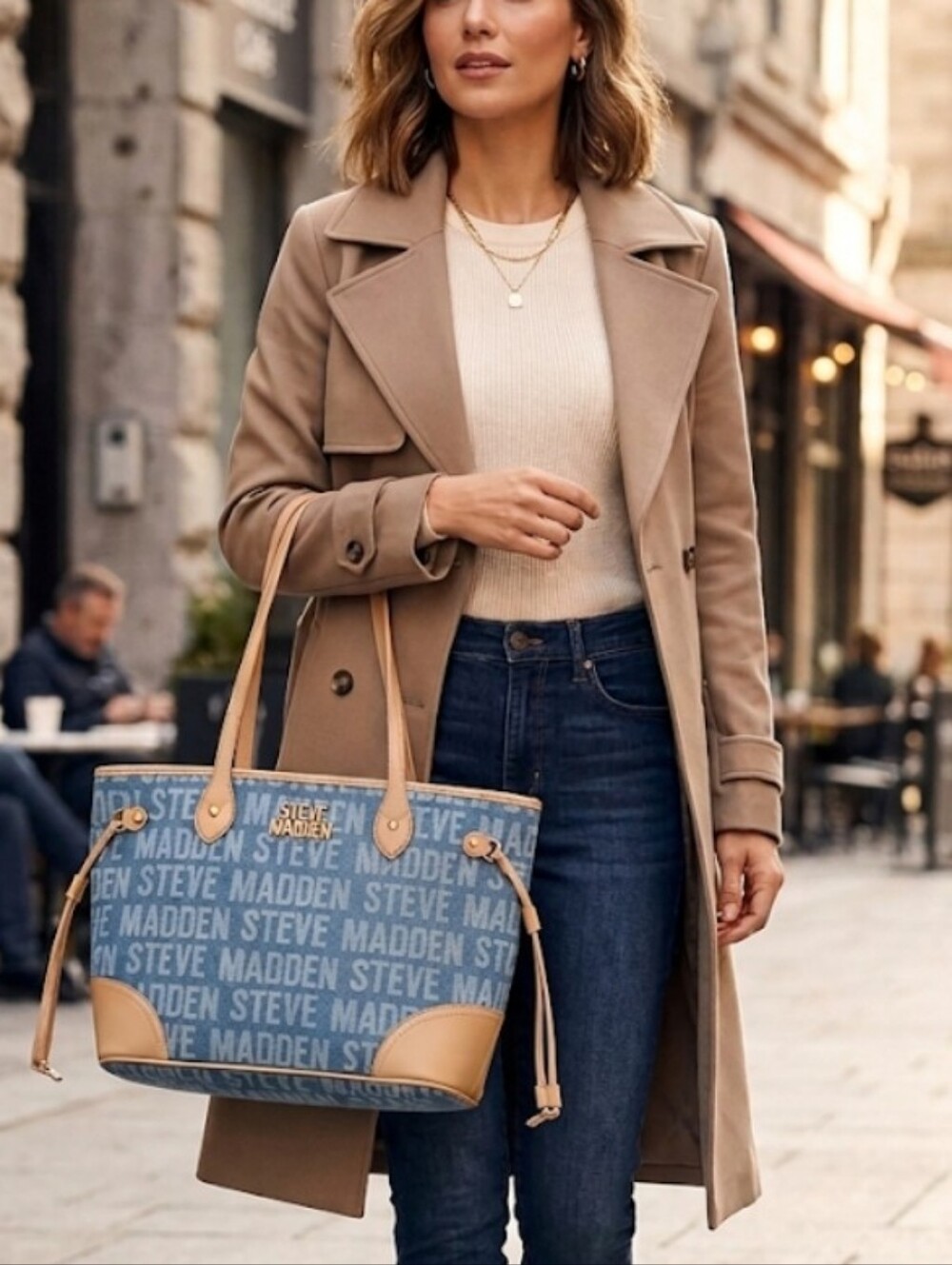 Steve Madden Blue Denim Monogram Logo Tote Bag